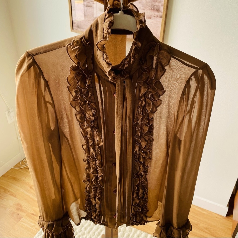 Maurizio Pecoraro Silk Sheer Blouse with Tie and Ruffled Front and Cuffs - Picture 2 of 8